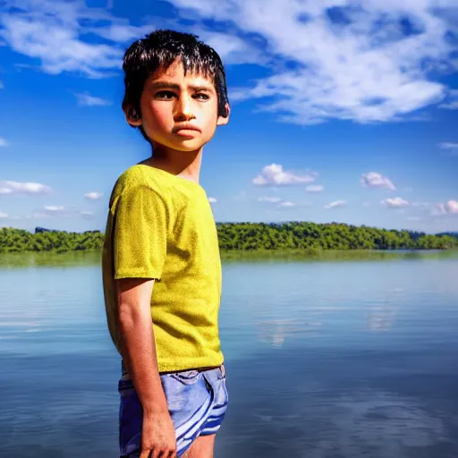 Image similar to in the style of Aurelio Rodríguez, a boy stand in the lake,some fish ,summer , close up, very high environmental details, very high facial details, 4K ,