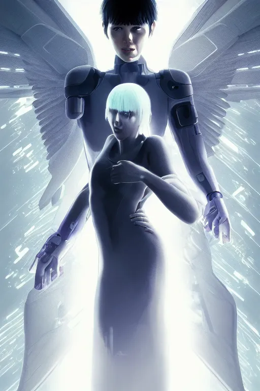 Image similar to white arc-angel with mystic robotic wings, blade runner, akira, ghost in the shell, 2077, ultra detailed, digital art, 8k ,character ,realistic, portrait, hyperrealistic