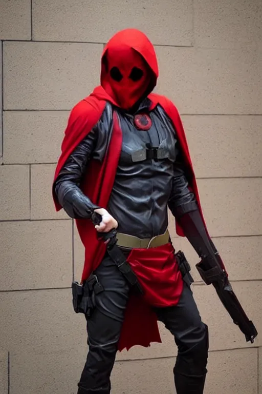 Image similar to red hood cosplay, creepy, disturbing