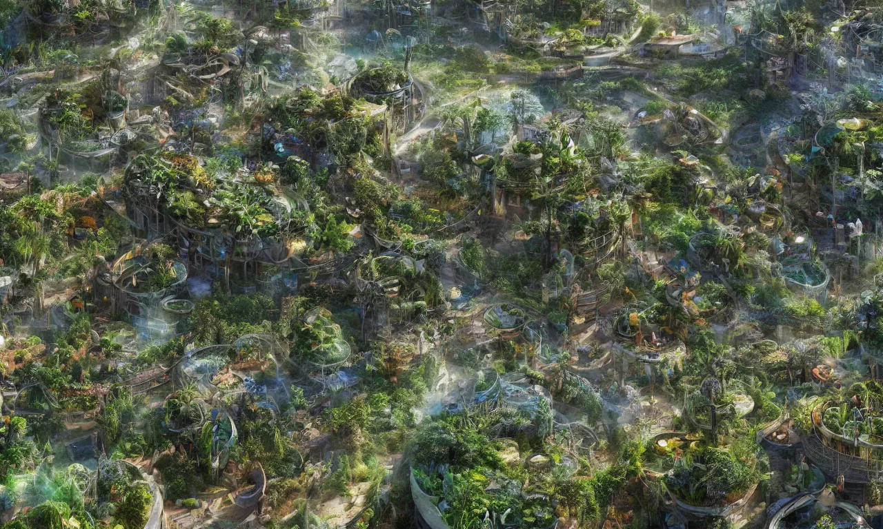 Image similar to solarpunk eco - city utopia, enchanted world, ancient nile winding river valley deep valley taken from 3 0 metres high, otherworldly, botanical garden, waterscape, overgrowing floral lush, glistening in the morning light, 8 k, cinematic shot, weta workshop, hyper realistic, cinematography by john boorman