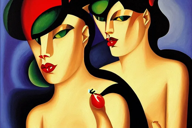 Image similar to a painting of two cats with red lips ina an emerald city, an art deco painting by tamara lempicka, featured on deviantart, figurative art, art deco, detailed painting, airbrush art