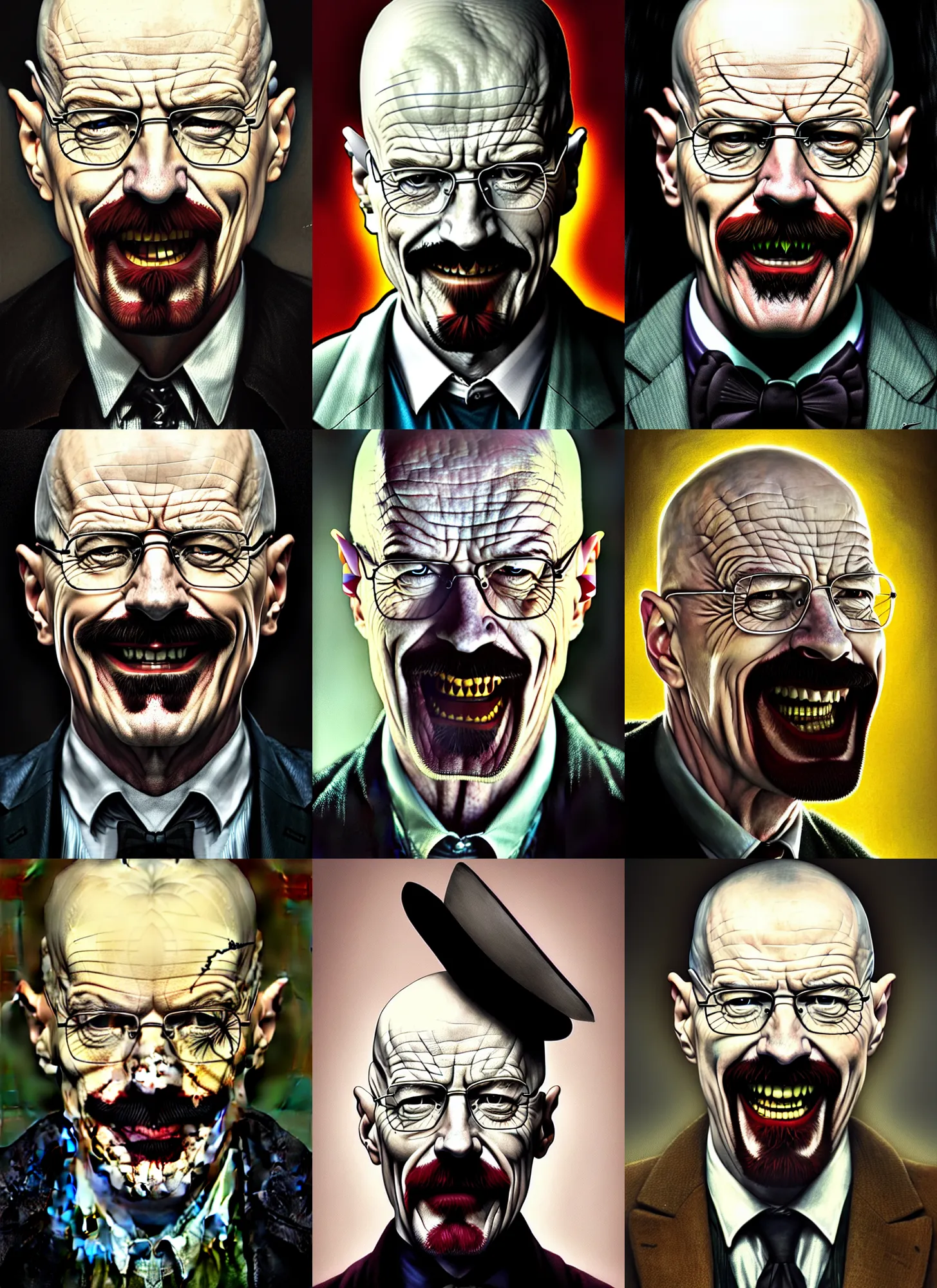 Prompt: a portrait of walter white as a joker laughing, diffuse lighting, fantasy, intricate, elegant, highly detailed, lifelike, photorealistic, digital painting, artstation, illustration, concept art, smooth, sharp focus, art by john collier and albert aublet and krenz cushart and artem demura and alphonse mucha