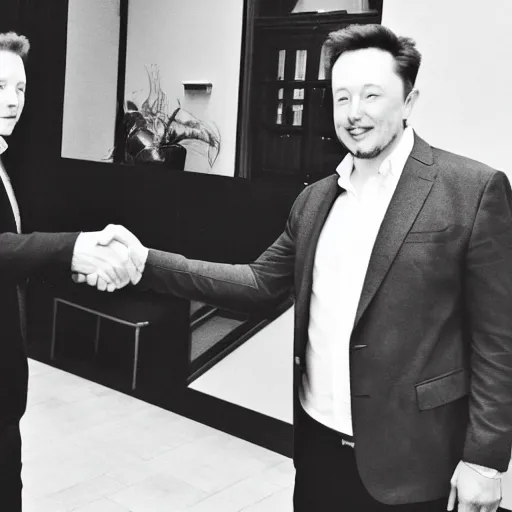 Prompt: morgan freeman shaking hands with elon musk, grayscale photography, black and white