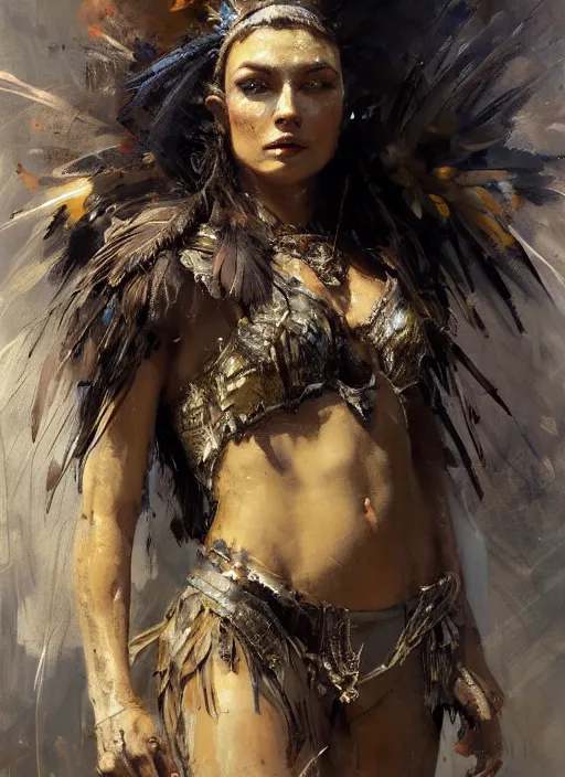 Image similar to painting of a beautiful woman with the face of an eagle, adorned with scant armor, with a feather in her hair, with a strong pose, by Jeremy Mann, stylized, detailed, loose brush strokes, warm tones, vivid colors, realistic