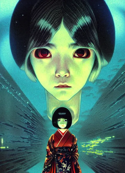 Image similar to japanese sci fi horror girl with big eyes, character portrait, portrait, close up, concept art, intricate details, highly detailed, vintage sci - fi poster, in the style of chris foss, rodger dean, moebius, michael whelan, and gustave dore