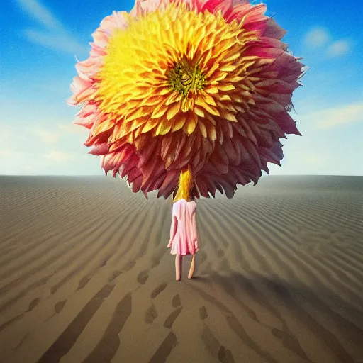 Image similar to closeup giant dahlia flower where head, girl walking between dunes, surreal photography, sunrise, blue sky, dramatic light, impressionist painting, digital painting, artstation, simon stalenhag