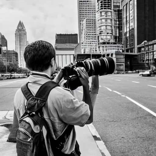 Prompt: young male taking photographs in pittsburgh real life, black and white, 1 9 7 0 s, 8 k, 4 k uhd, realistic, hyper realistic, super detailed, very detailed, detailed