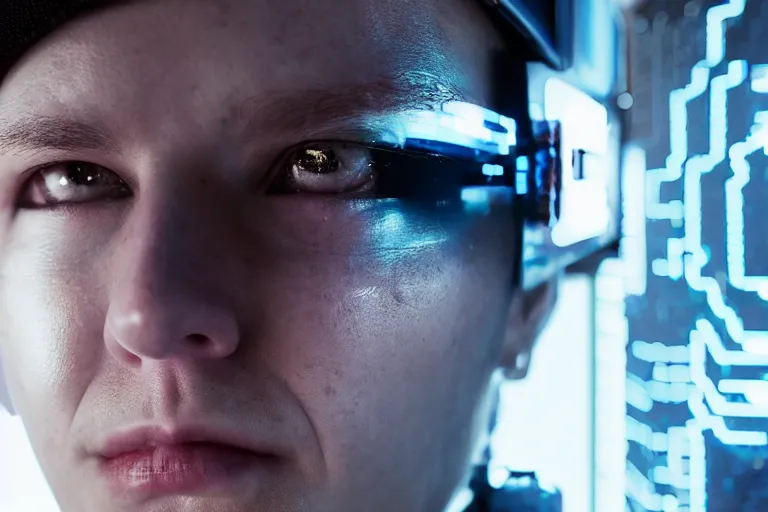 Image similar to cyberpunk hacker closeup portrait in high tech compound by Emmanuel Lubezki