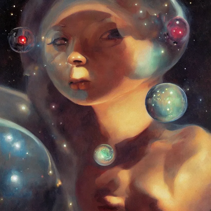 Image similar to close - up portrait painting of a beautiful weightless alien woman with big eyes in space, by frank frazetta and norman rockwell. glowing bubbles. muted colors, soft gradients. dark background. trending on artstation. retrofuturism.