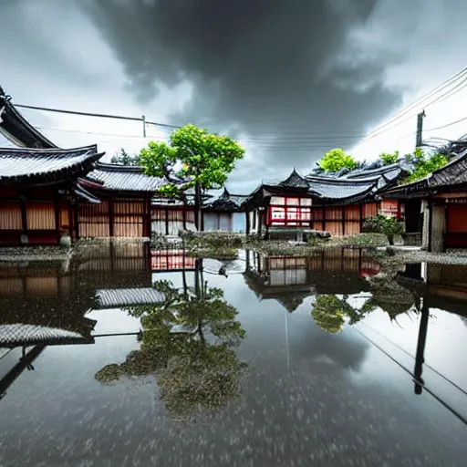 Prompt: still photo of rain puddles and reflections in a japanese village, cloudy weather, highly detailed, photorealistic shot, bright studio setting, studio lighting, crisp quality and light reflections, unreal engine 5 quality render