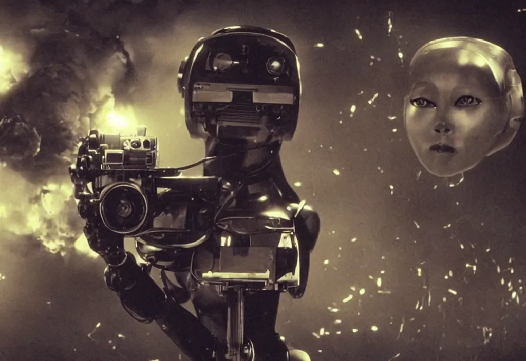 Image similar to a screenshot of a movie depicting a female robot carrying a movie camera with a huge explosion behind her