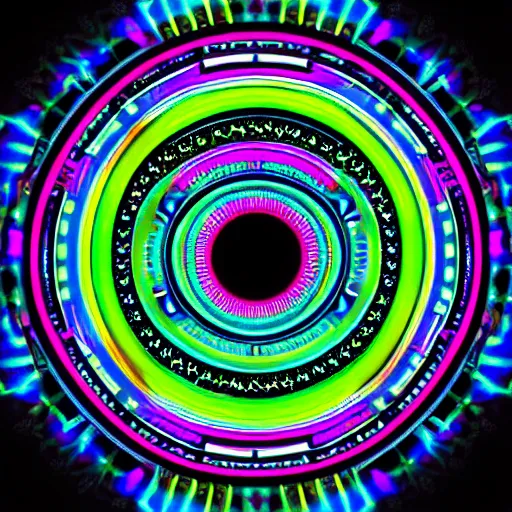 Image similar to cyberpunk neon colored blackhole mandala eye art, galaxy lineart, symetrical mandala art