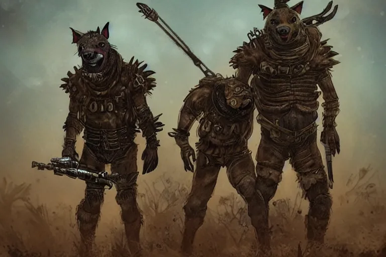 Image similar to a good ol'hyena fursona ( from the furry fandom ), heavily armed and armored facing down armageddon in a dark and gritty version from the makers of mad max : fury road. witness me.