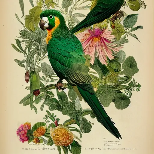 Image similar to beautiful elegant ernst haeckel!!!! illustration of many greek cheek conures!!!!!! and flowers, ( greek cheek conure ) ( green cheeked parakeet ) ( pyrrhura molinae )