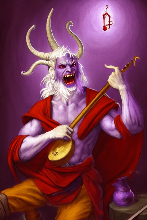 Image similar to tiefling bard with white horns on his head, purple skin, red glowing eyes, he is playing a happy song. the background is a friendly tavern. dungeons and dragons, highly detailed, digital painting, artstation, concept art, sharp focus, illustration, art by Leonardo da Vinci and Michelangelo and Botticelli