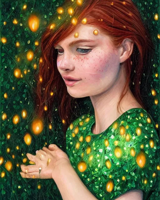 Image similar to a young woman, admiring the lights of golden fireflies, sitting in the midst of nature fully covered with a wonderful dress, long loose red hair, intricate details, green eyes, small nose with freckles, oval shape face, soft happy smile, realistic, expressive emotions, hyper realistic highly detailed art by april gornik and artgerm