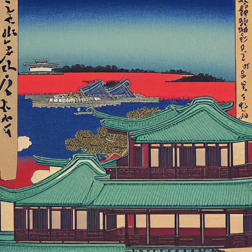 Prompt: ukiyo - e painting of the skyline of singapore public housing