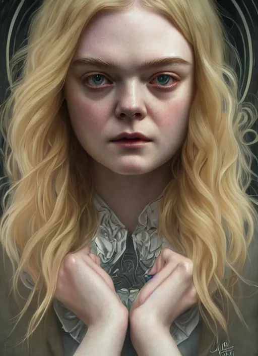 Image similar to symmetry!! portrait of elle fanning in re 7, horror, fashion, dark!! intricate, elegant, highly detailed, digital painting, artstation, concept art, smooth, sharp focus, illustration, art by artgerm and greg rutkowski and alphonse mucha