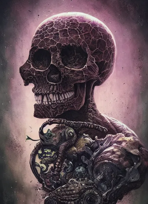 Image similar to the mock turtle, death tarot card, highly detailed, half skull face, cinematic, 8 k, by megan duncanson, benjamin lacombe, adrian borda, stanley artgermm, tom bagshaw, craig mullins, carne griffiths, ayami kojima, beksinski, giger, trending on deviantart, hyper detailed, horror, full of colour