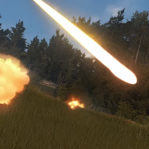 Image similar to arma 3 screenshot, rocket launch, blasting off, rocket smoke