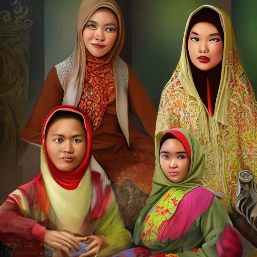 Image similar to an indonesian family portrait, drawing course, artstation, high resolution, 4 k hd