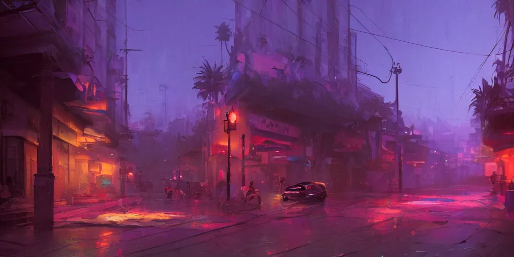 Prompt: a street in los angeles, dusk, painted by craig mullins, purple neon, artstation, matte painting, detailed 8 k, unreal render,