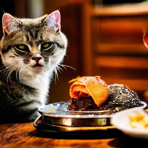 Prompt: michelin star food photography of a cats head