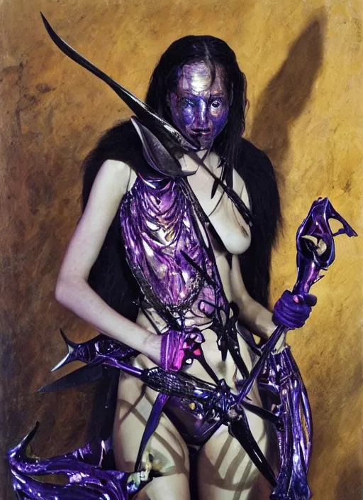 Image similar to a woman with iridescent skin, pirate weapons, by van herpen, iris