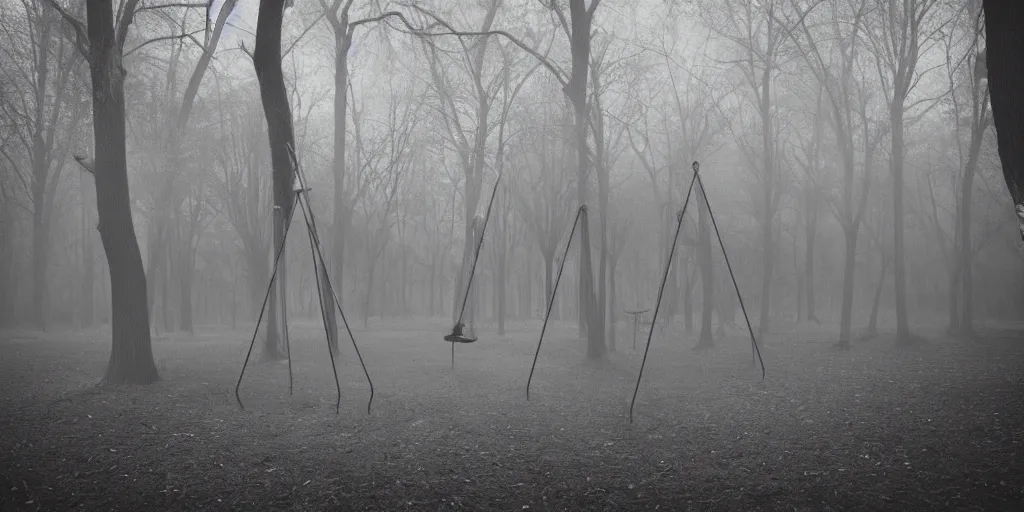 Prompt: foggy spooky play ground with swings and slides at night, dark, haunted by ghosts of children, black and white photography, ISO 1600, low shutterspeed, kyle thompson photography