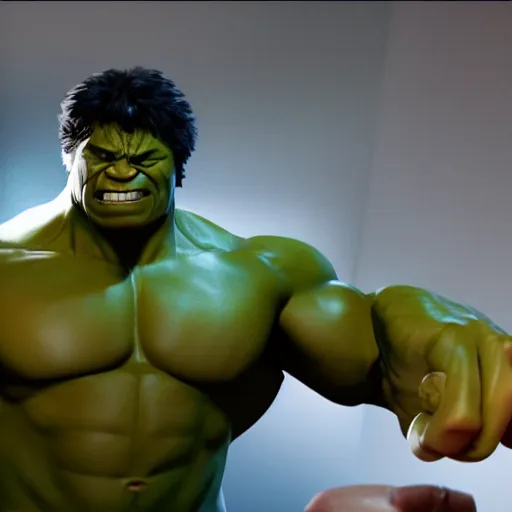 Image similar to the incredible hulk working as a 7/11 cashier and wearing a uniform, macro, wide shot, dramatic lighting, octane render, hyperrealistic, HD