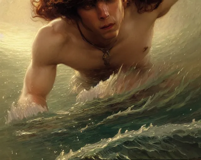 Image similar to attractive male wizard casting powerful tsunami wave spell in a beautiful lake. highly detailed painting by gaston bussiere, craig mullins, j. c. leyendecker 8 k