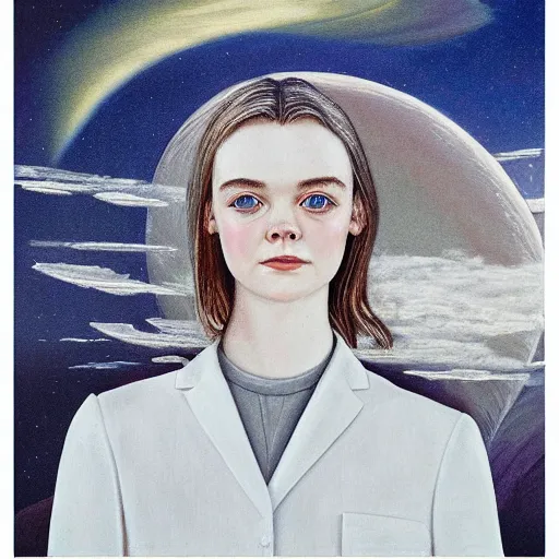 Prompt: professional painting of Elle Fanning in the style of Chesley Bonestell, head and shoulders portrait, symmetrical facial features, smooth, sharp focus, illustration, intricate, stormy weather, extremely detailed masterpiece,