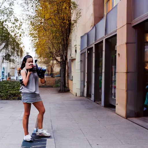 Prompt: woman taking a photograph with a studio camera on the sidewalk outdoors