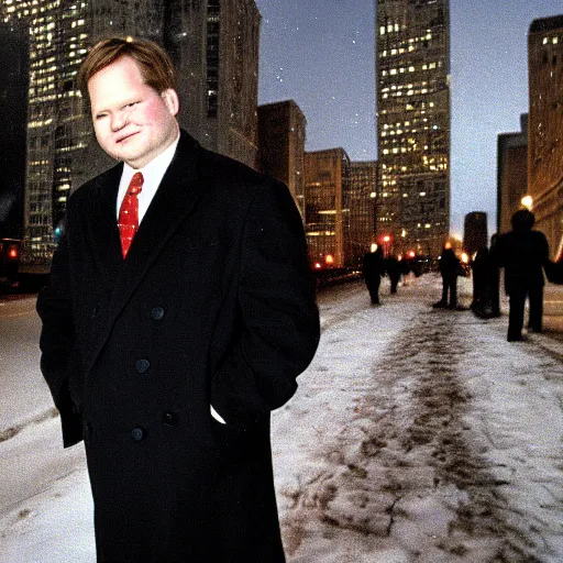 Image similar to 1 9 9 8 andy richter wearing a black wool coat and necktie standing on the streets of chicago at night in winter, dynamic lighting, holiday season.