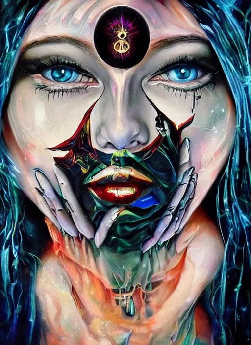 Prompt: gorgeous magic cult psychic woman smiling, third eye, subjective consciousness psychedelic, epic surrealism expressionism symbolism, story telling, iconic, dark robed, oil painting, symmetrical face, dark myth mythos, by Sandra Chevrier, Peter Kemp masterpiece