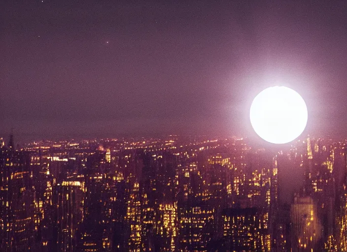 Image similar to film still of the moon breaking into pieces over manhatten in the new disaster movie, 8 k, night time