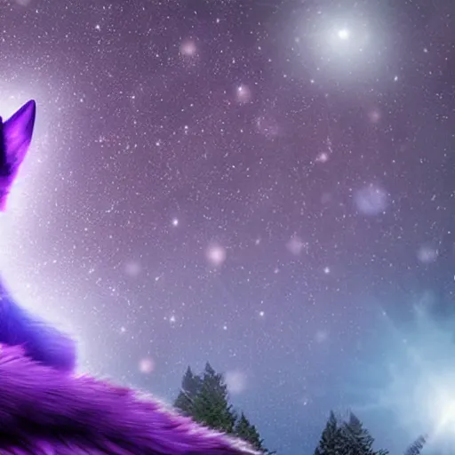 Image similar to a purple fox with a long fluffy and shiny coat sits in the forest on a ufo flying saucer. super realistic photo. clear details