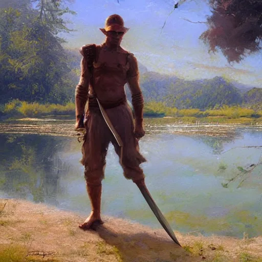 Image similar to a beautiful painting of a hand appearing from a lake holding a sword by james gurney, craig mullins