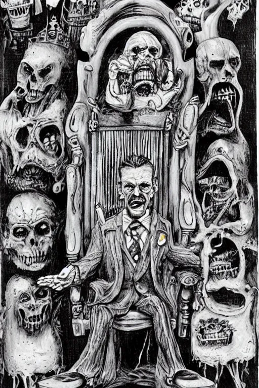 Prompt: a haunted man sitting in a throne, surrounded by your alternative personalities, by ed ( big daddy ) roth