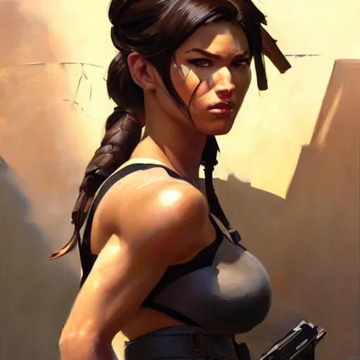 Image similar to greg manchess portrait painting of partially armored lara croft as overwatch character, close - up shot, asymmetrical, profile picture, organic painting, sunny day, matte painting, bold shapes, hard edges, street art, trending on artstation, by huang guangjian and gil elvgren and sachin teng