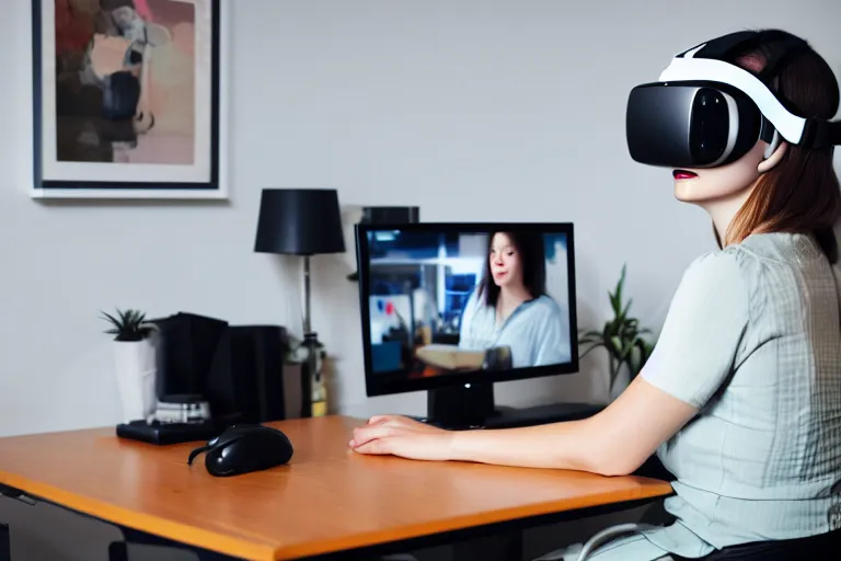 Prompt: A stock photo of a woman sitting at her desk, with a bunch of stuff, wearing a VR-headset, featured on flickr, cluttered