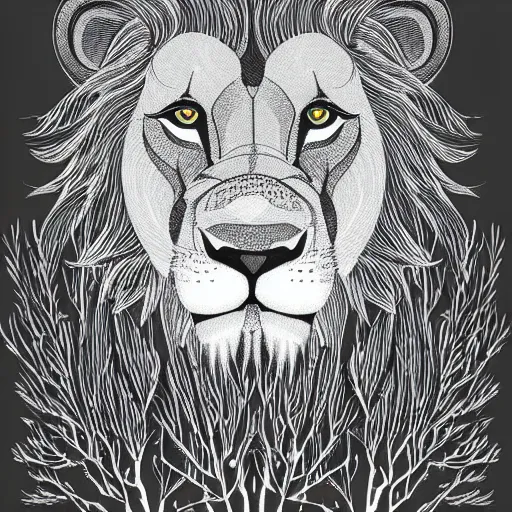 Prompt: Lion in a meadow with hornbeam, Behance, illustration, vector, sharp focus, 4k