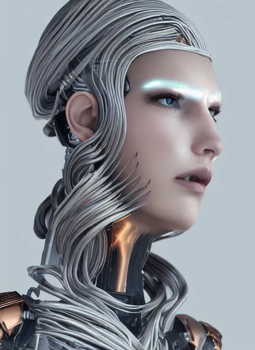 Image similar to white cyborg fashion shot, cyber copper wires and spirals hairdo, baroque design, headshot half figure, photorealistic, unreal engine, trending on artstation,