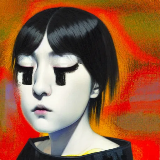 Image similar to yoshitaka amano blurred and dreamy three quarter angle portrait of a young woman with black lipstick and black eyes looking up and to the side wearing dress suit with tie, junji ito abstract patterns in the background, satoshi kon anime, noisy film grain effect, highly detailed, renaissance oil painting, weird portrait angle, blurred lost edges