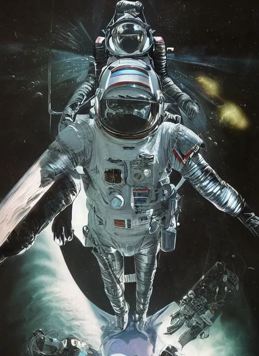 Image similar to astronaut in dark void underwater - complex and hyperdetailed technical suit design. reflection and dispersion materials. rays and dispersion of light. volumetric light. f / 3 2. noise film photo. flash photography. ultra realistic, 5 0 mm. poster by wayne barlowe, hajime sorayama aaron horkey, craig mullins