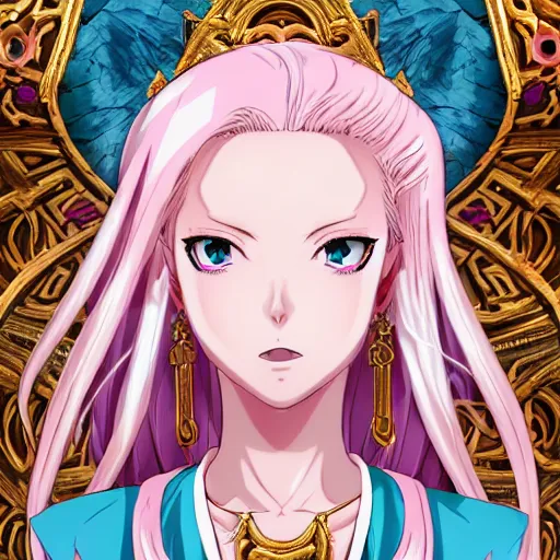 Prompt: stunningly beautiful omnipotent megalomaniacal anime goddess with porcelain skin, pink hair and mesmerizing cyan eyes, symmetrical perfect face smiling in a mischievous, devious and haughty way while looking down upon the viewer, mid view, hyperdetailed, 2 d, 8 k