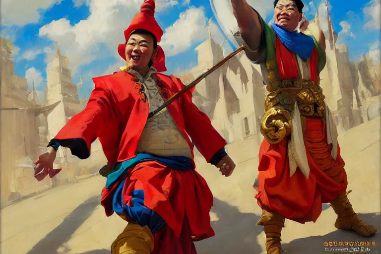 Image similar to greg manchess portrait of an asian man in a jester outfit cheering in the center of an arena, profile picture, organic painting, sunny day, matte painting, bold shapes, hard edges, street art, trending on artstation, by huang guangjian, gil elvgren, ruan jia, randy vargas, greg rutkowski