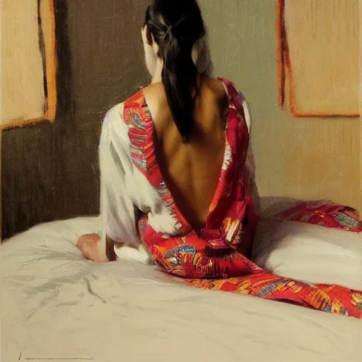 Prompt: girl with pigtails, in african print kimono, backview, bare back, sitting on edge of bed, by jeremy lipking, tim rees, joseph todorovitch