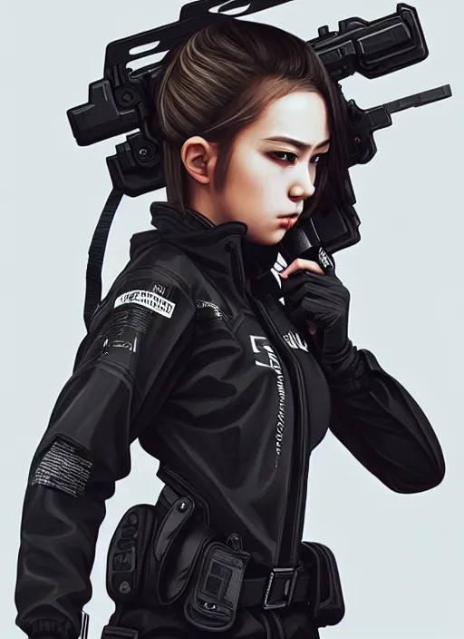 Image similar to full body portrait of a techwear uniform girl with guns. detailed face, concept art, digital art, intricate, highly detailed 8 k, smooth, sharp focus, beautiful and aesthetic shape of face and body, artgerm, artstation, art by zexi guo and nira and kafun and gharliera and rinotuna