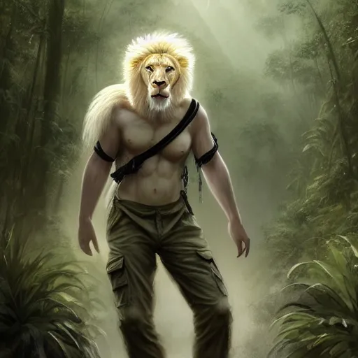 Prompt: commission portrait of a male anthro albino lion,wearing cargo pants and a boack t-shirt,going through a jungle cautiously.dramatic,character design by charles bowater,greg rutkowski,ross tran,hyperdetailed,hyperrealistic,4k,deviantart,artstation,professional photography,concept art